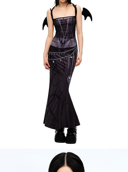 CFIERCE Siren Mermaid Maxi Dress V Neck T Shirt Long Sleeve