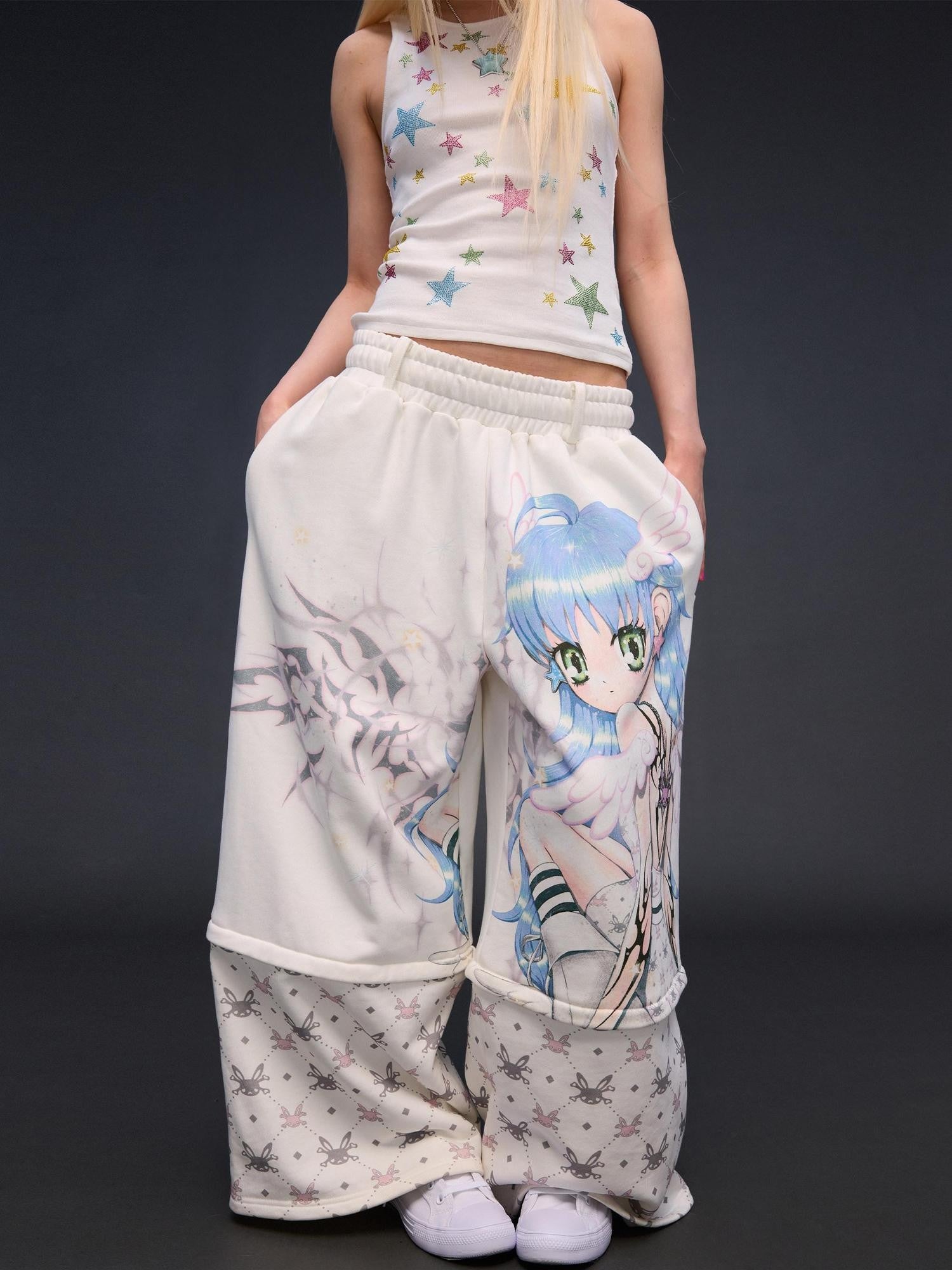 CFIERCE Six Wing Angel Detachable Print High Waist Wide Leg Women&