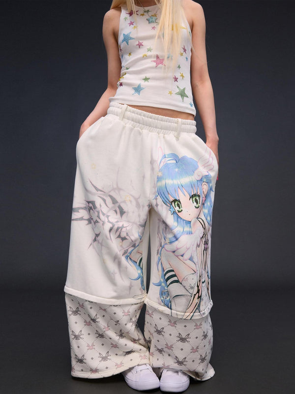 Six Wing Angel Detachable Print High Waist Wide Leg Women's Cotton Sweatpants