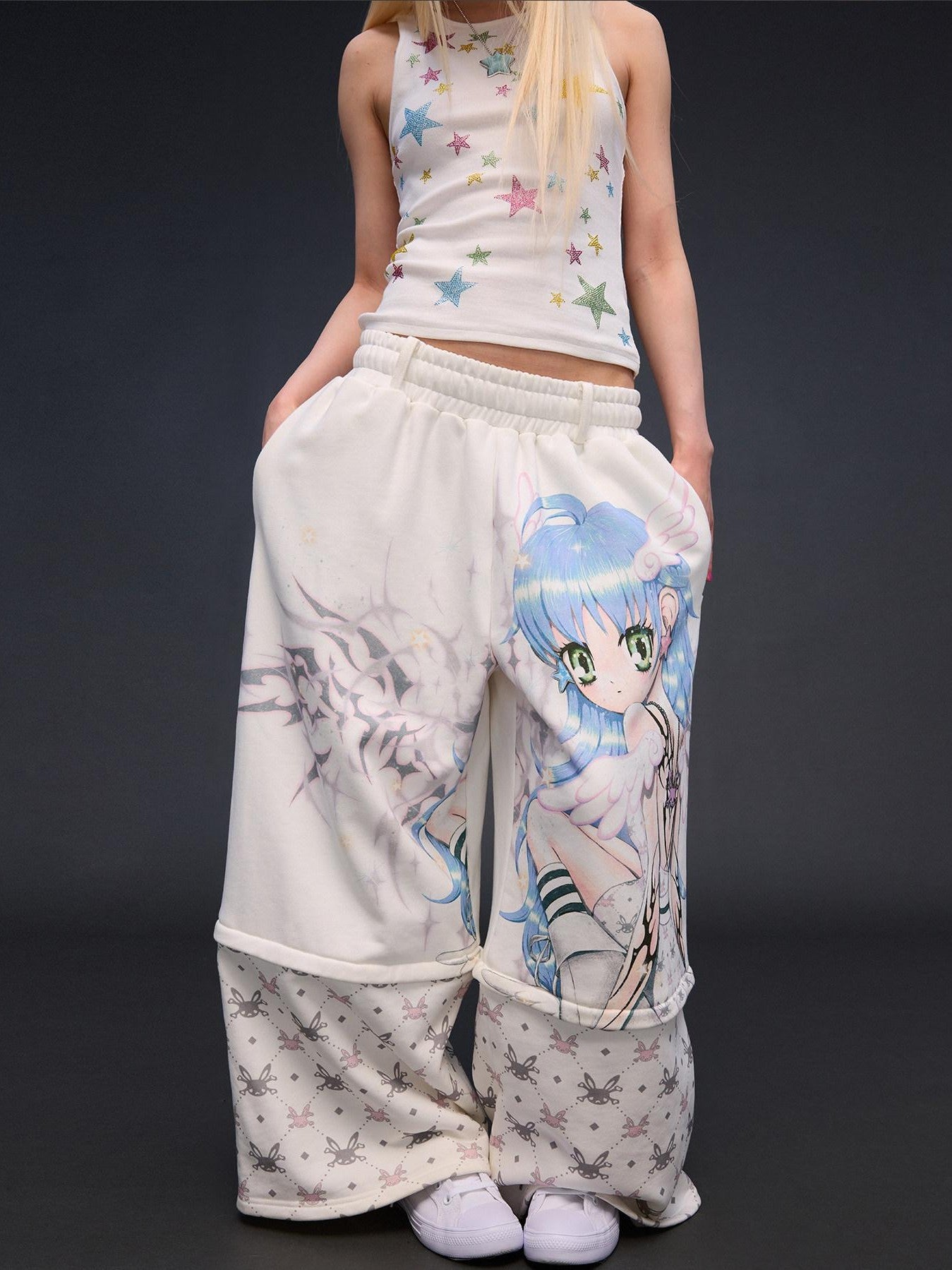 CFIERCE Six Wing Angel Detachable Print High Waist Wide Leg Women&