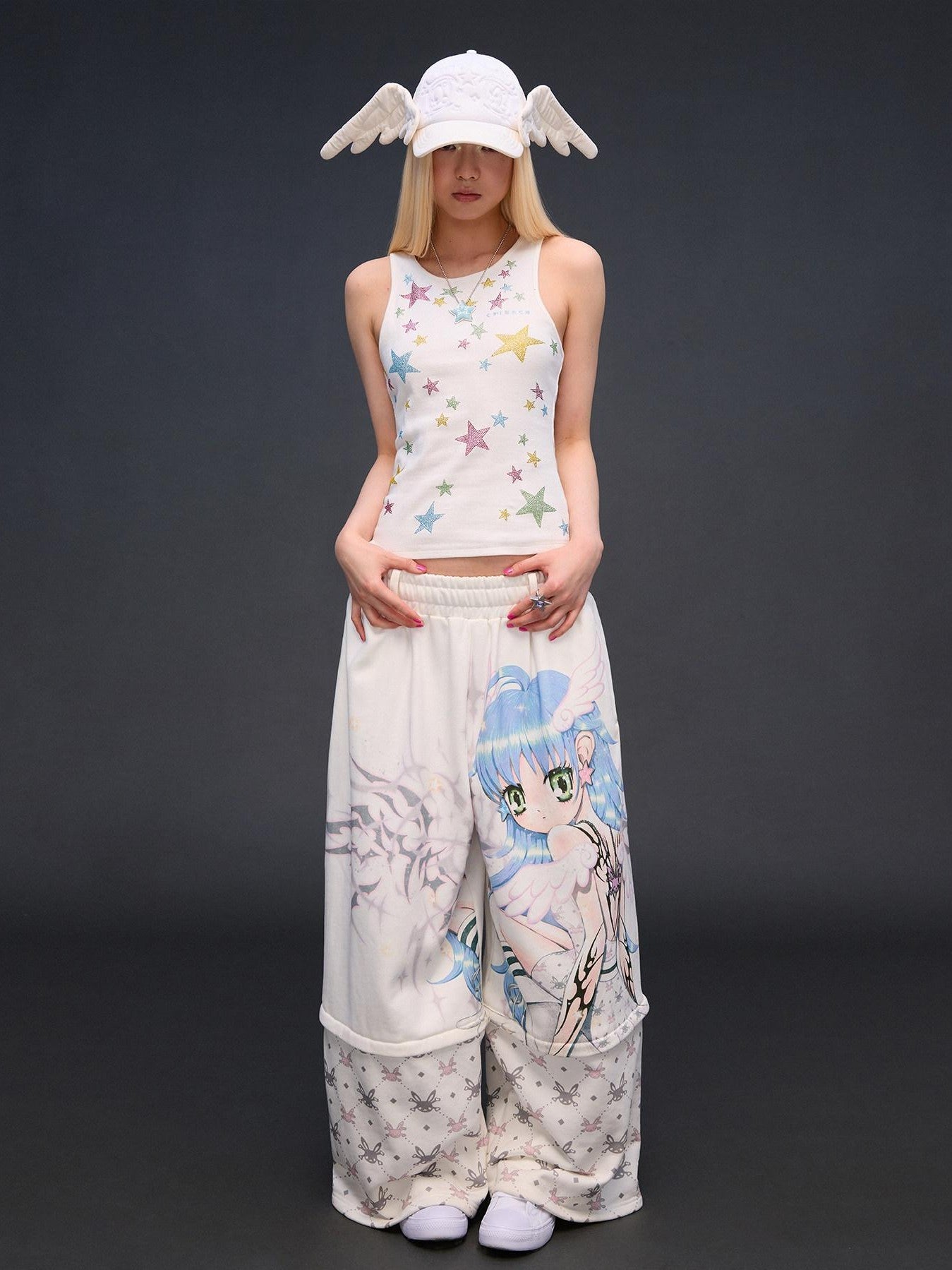 CFIERCE Six Wing Angel Detachable Print High Waist Wide Leg Women&