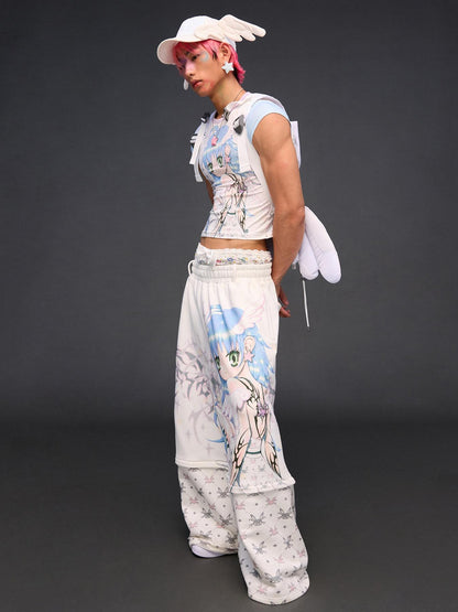 CFIERCE Six Wing Angel Detachable Print High Waist Wide Leg Women&