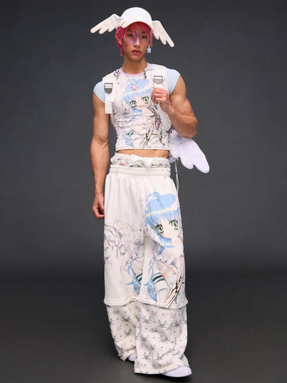 CFIERCE Six Wing Angel Detachable Print High Waist Wide Leg Women&