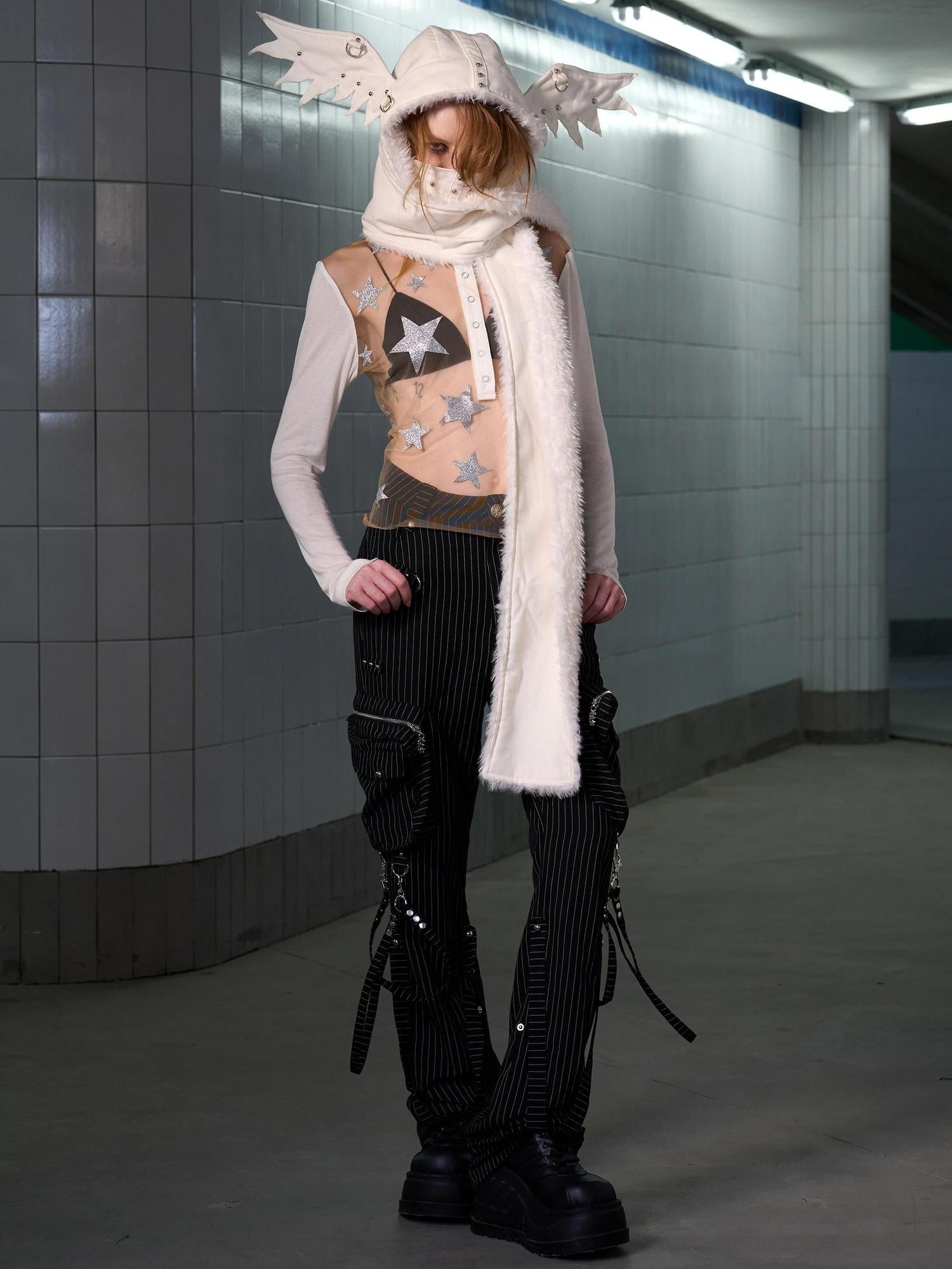 CFIERCE Soft Tencel Cotton Mesh Patchwork Star Print Long Sleeve Unisex Black T-Shirt