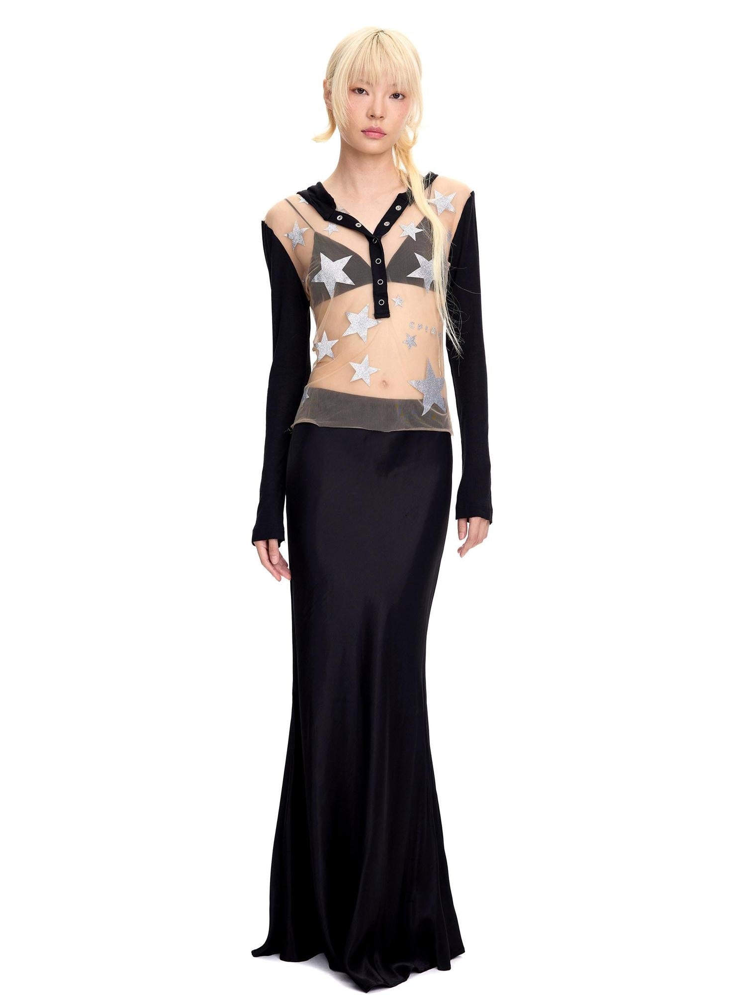 CFIERCE Soft Tencel Cotton Mesh Patchwork Star Print Long Sleeve Unisex Black T-Shirt