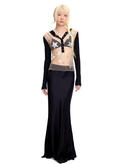 CFIERCE Soft Tencel Cotton Mesh Patchwork Star Print Long Sleeve Unisex Black T-Shirt