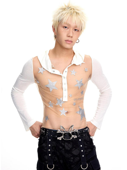 CFIERCE Soft Tencel Cotton Mesh Patchwork Star Print Long Sleeve Unisex Black T-Shirt