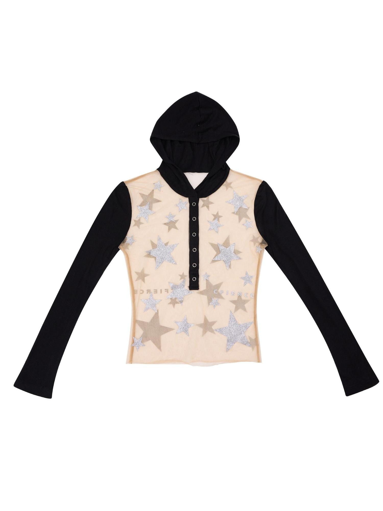 CFIERCE Soft Tencel Cotton Mesh Patchwork Star Print Long Sleeve Unisex Black T-Shirt