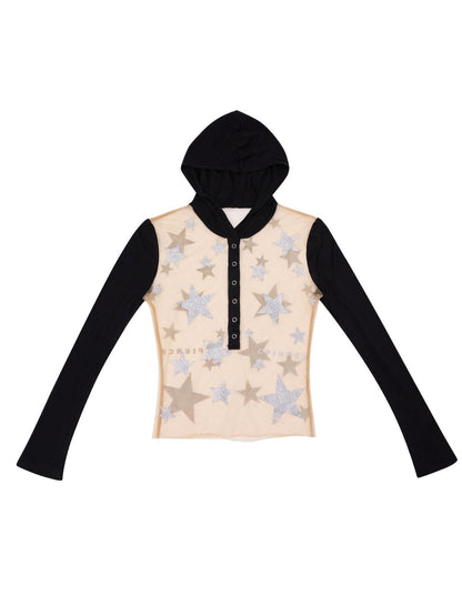 CFIERCE Soft Tencel Cotton Mesh Patchwork Star Print Long Sleeve Unisex Black T-Shirt