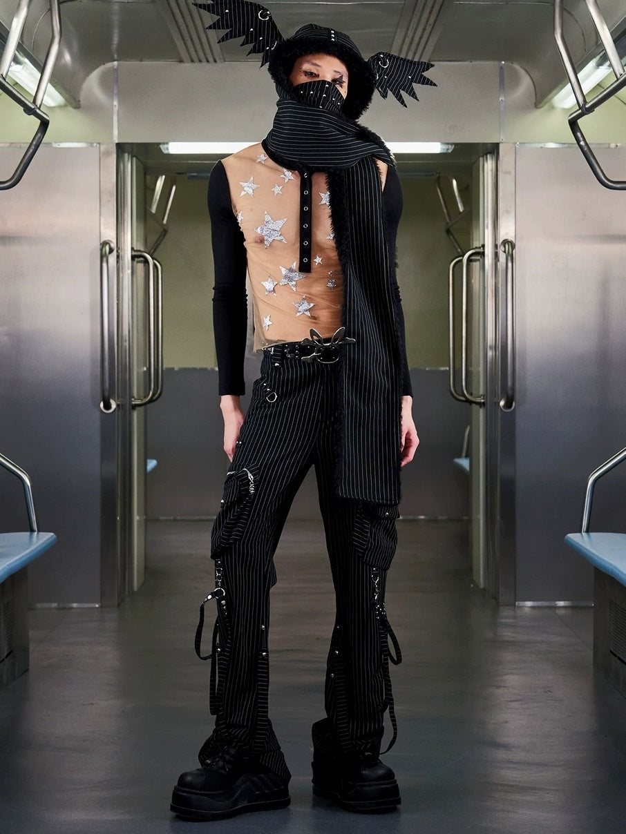 CFIERCE Soft Tencel Cotton Mesh Patchwork Star Print Long Sleeve Unisex Black T-Shirt