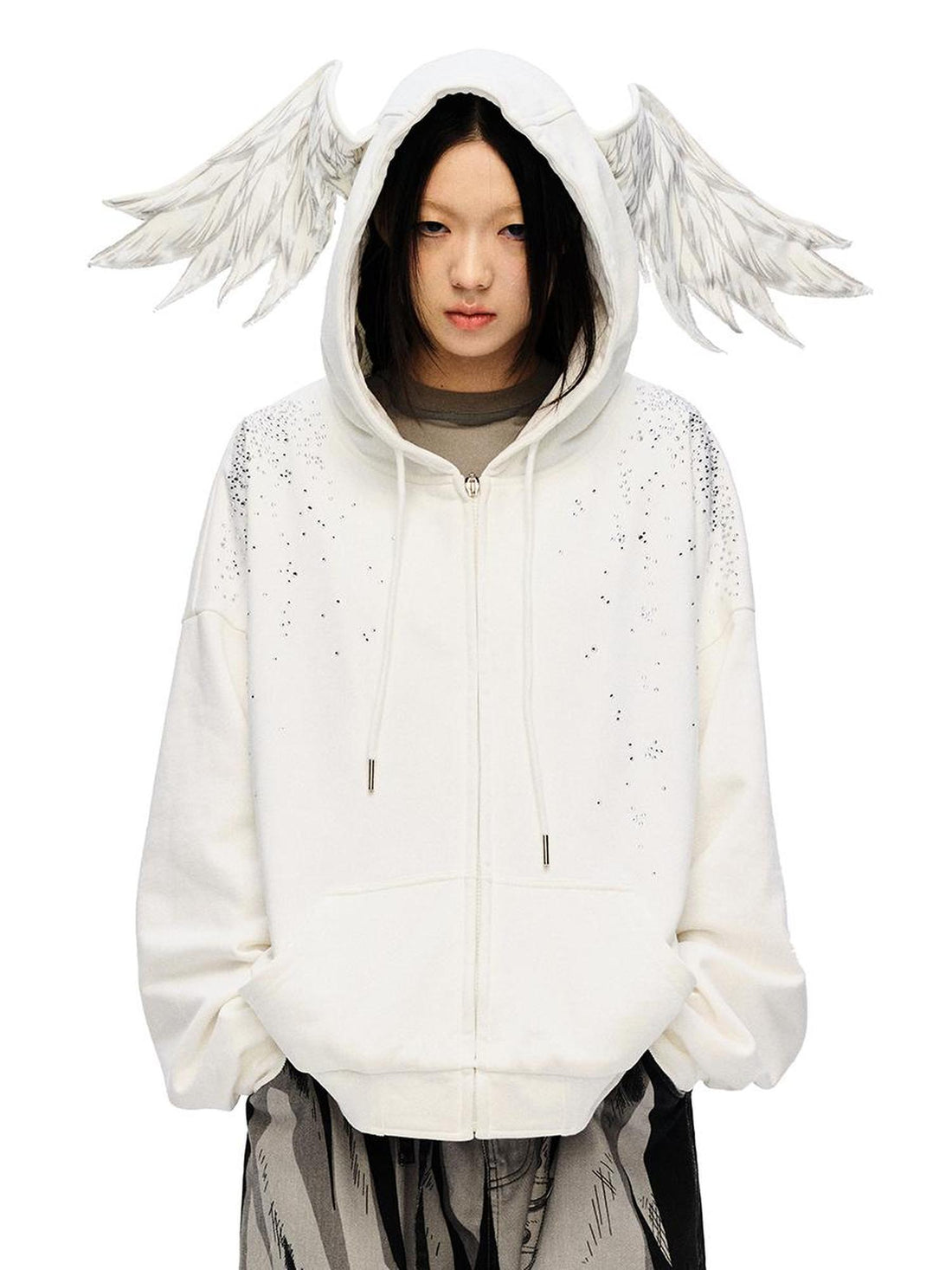 CFIERCE Sparkle Star Angel Hoodie V-Neck T-Shirt Long-Sleeve