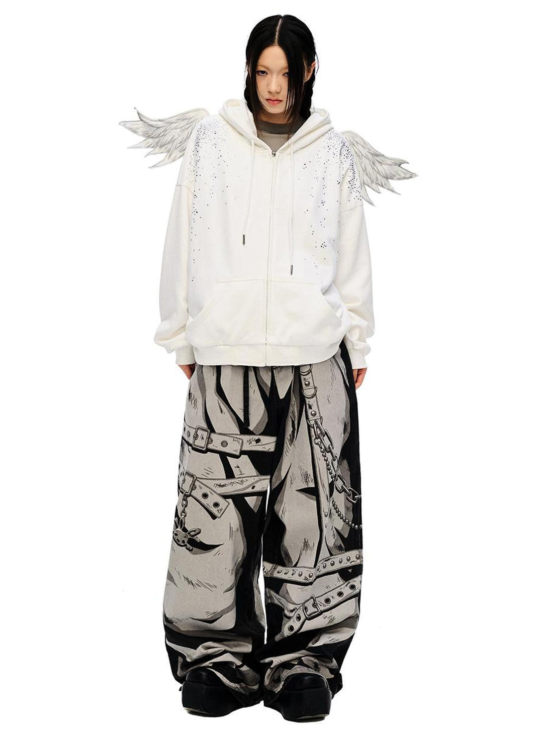 CFIERCE Sparkle Star Angel Hoodie V-Neck T-Shirt Long-Sleeve