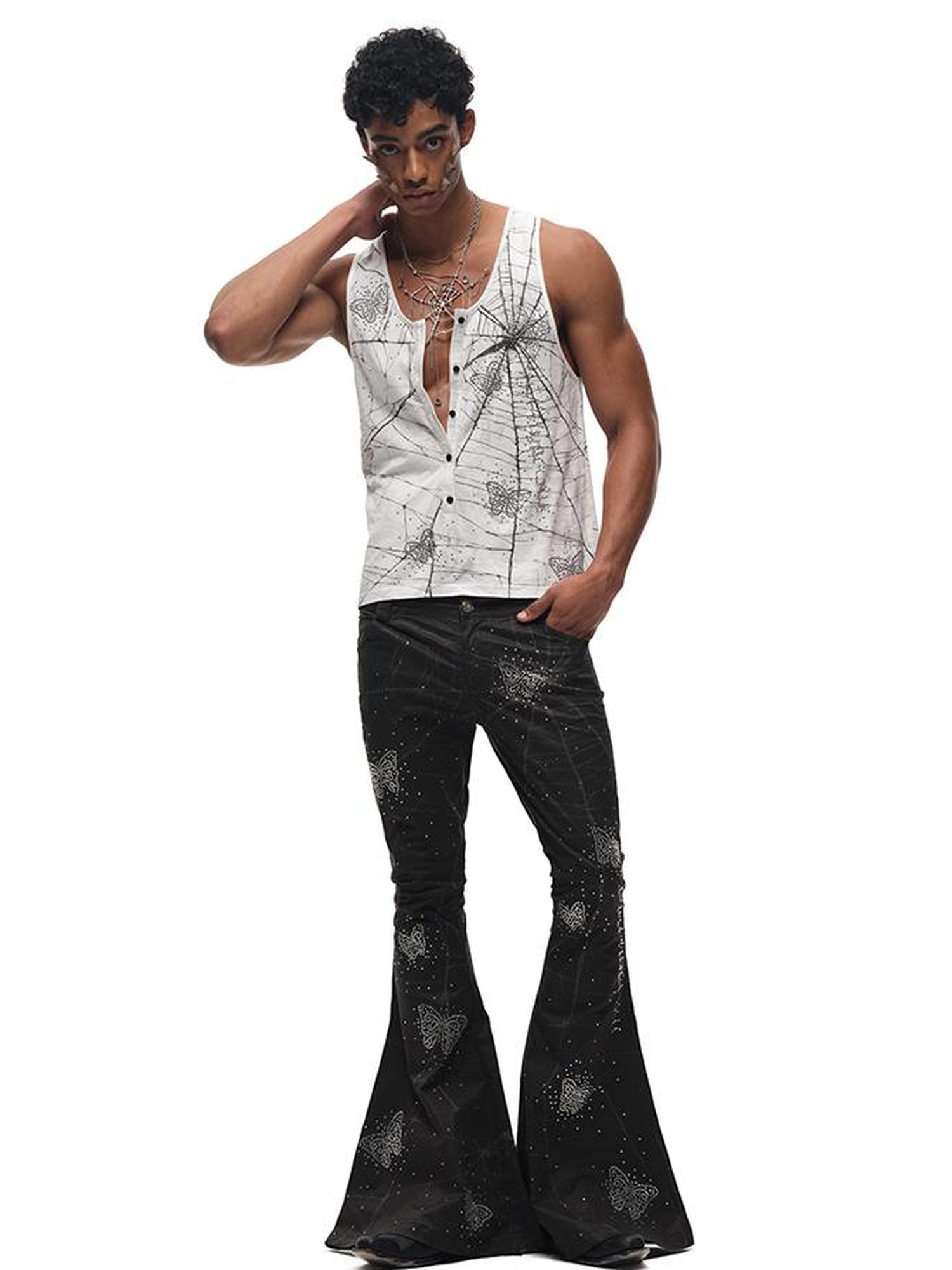 CFIERCE Spiderweb Butterfly Crystal Flared Pants