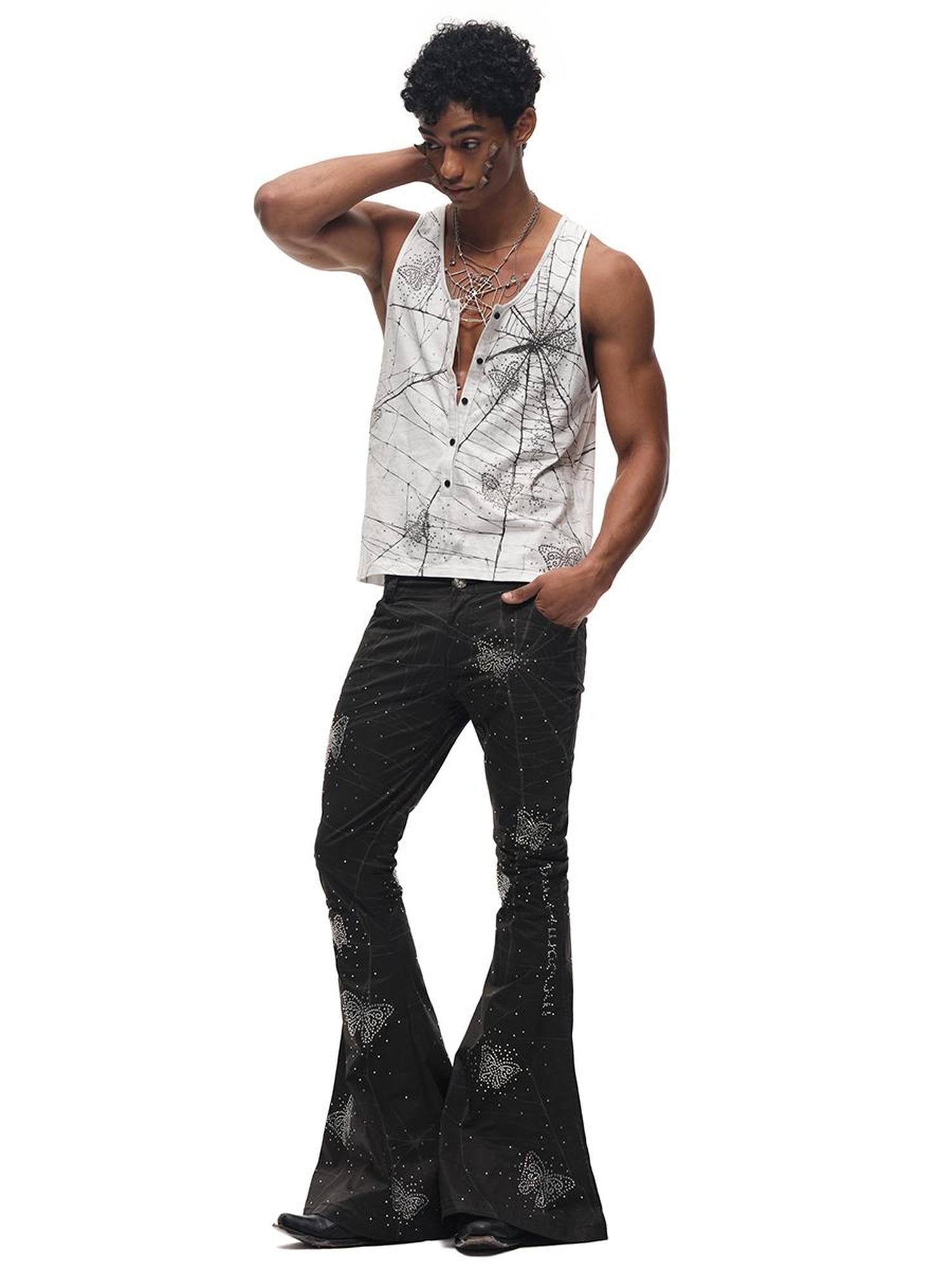 CFIERCE Spiderweb Butterfly Crystal Flared Pants