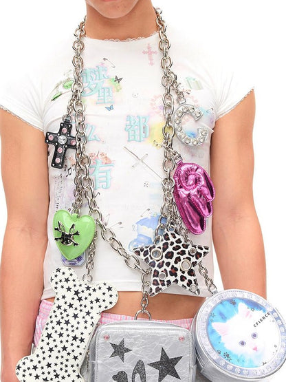 CFIERCE Square Cat Pendant Chain Strap Zipper Medium Large Women&
