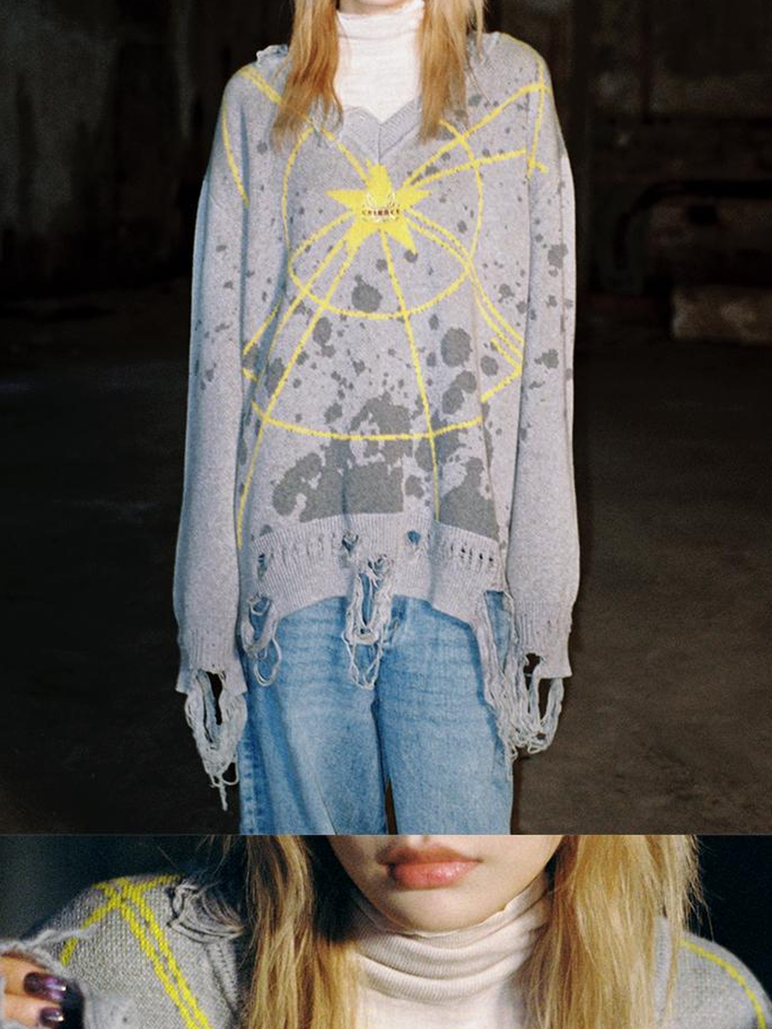 CFIERCE Starlight Knit Cotton Sweater V Neck T Shirt Long Sleeve