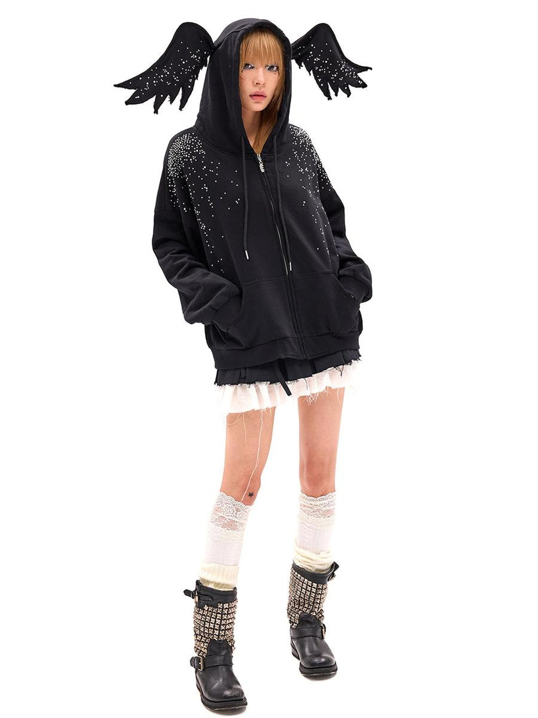 CFIERCE Starlight Rhinestone Black Angel Hoodie