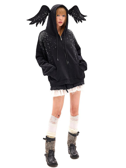 CFIERCE Starlight Rhinestone Black Angel Hoodie