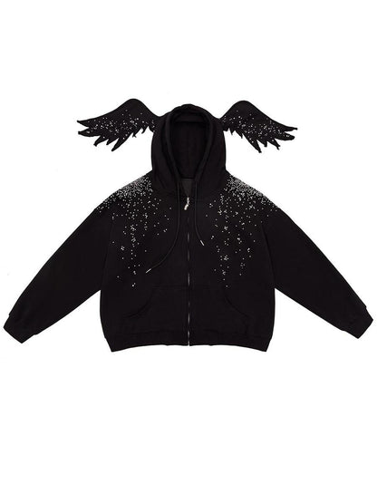 CFIERCE Starlight Rhinestone Black Angel Hoodie