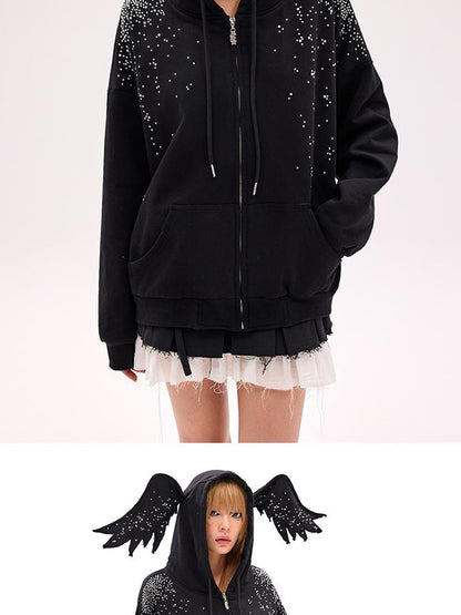 CFIERCE Starlight Rhinestone Black Angel Hoodie
