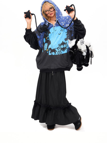 CFIERCE Starry Night Witch Hooded Zip Loose Fit Women&