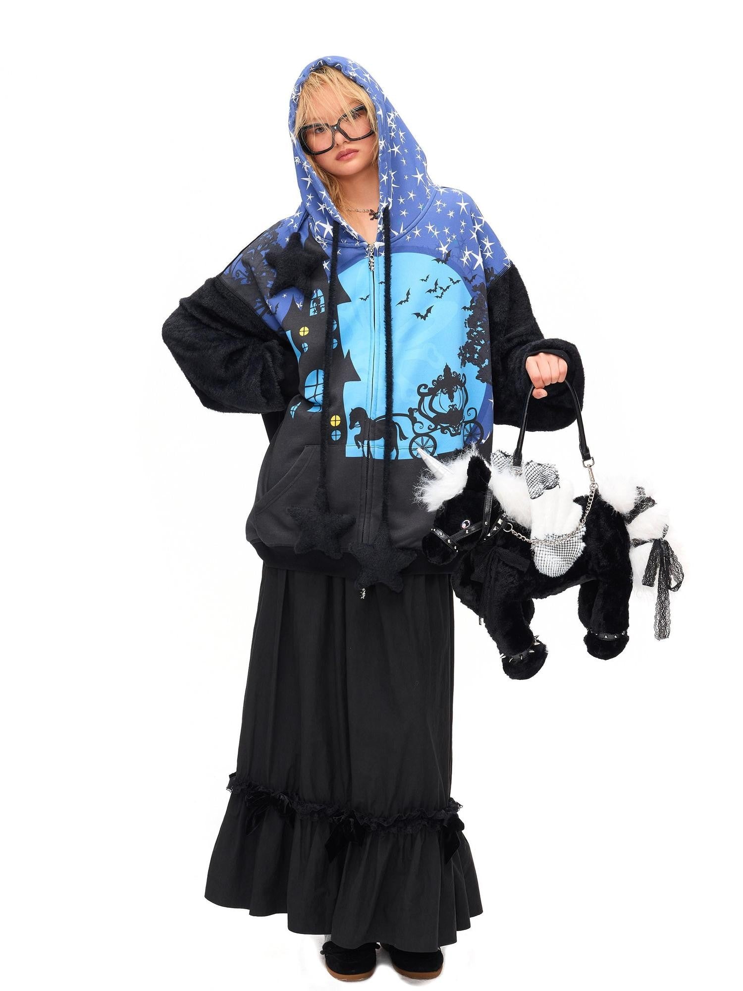 CFIERCE Starry Night Witch Hooded Zip Loose Fit Women&