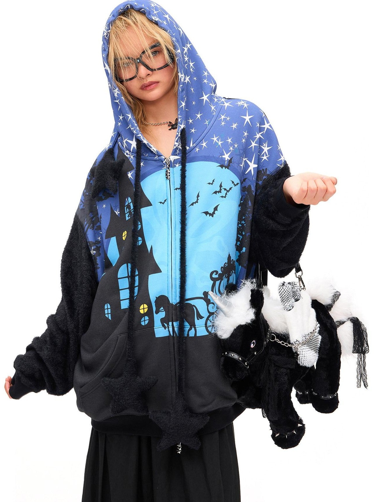 CFIERCE Starry Night Witch Hooded Zip Loose Fit Women&