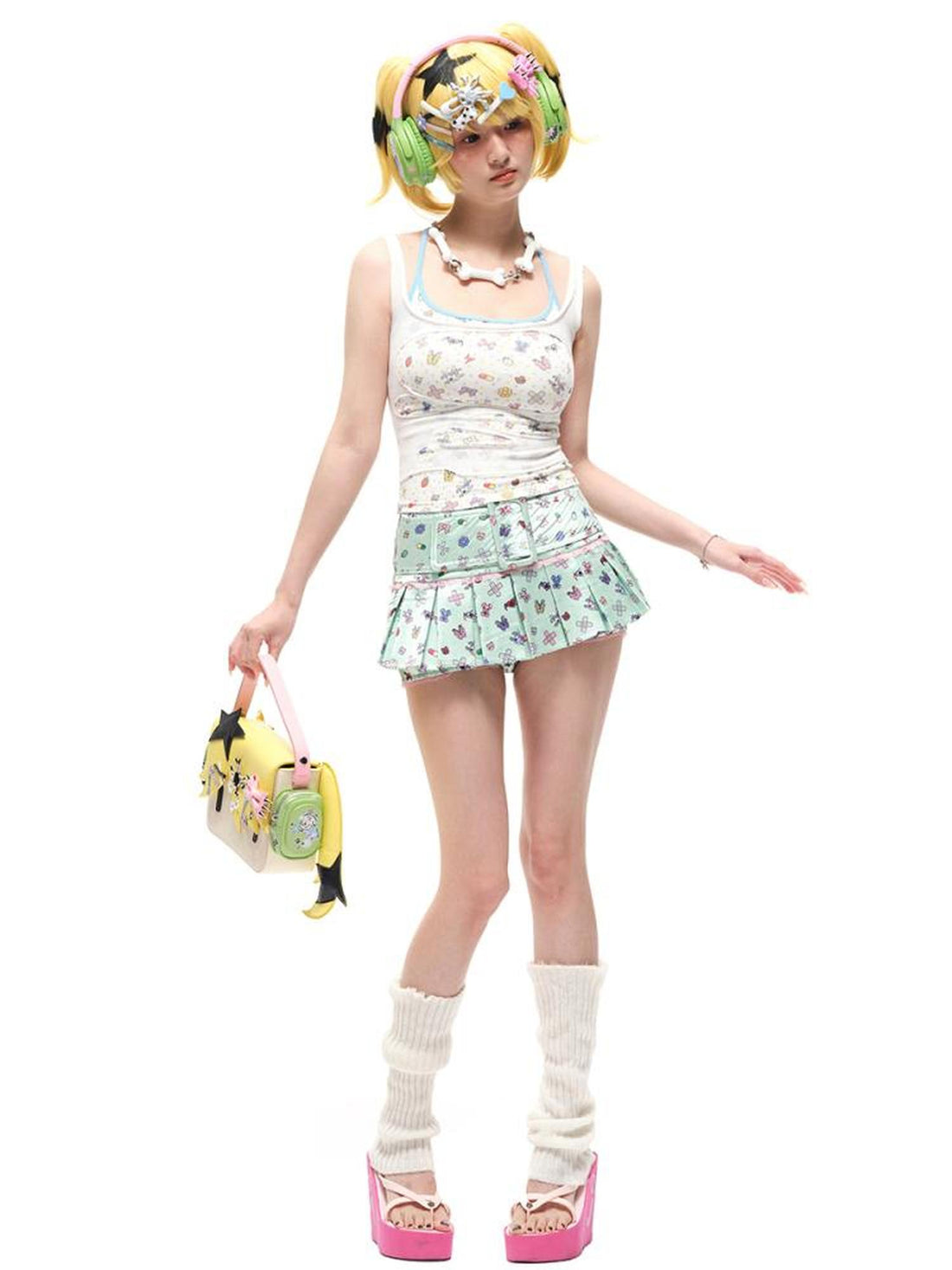 CFIERCE Sticker Print Pleated Skirt