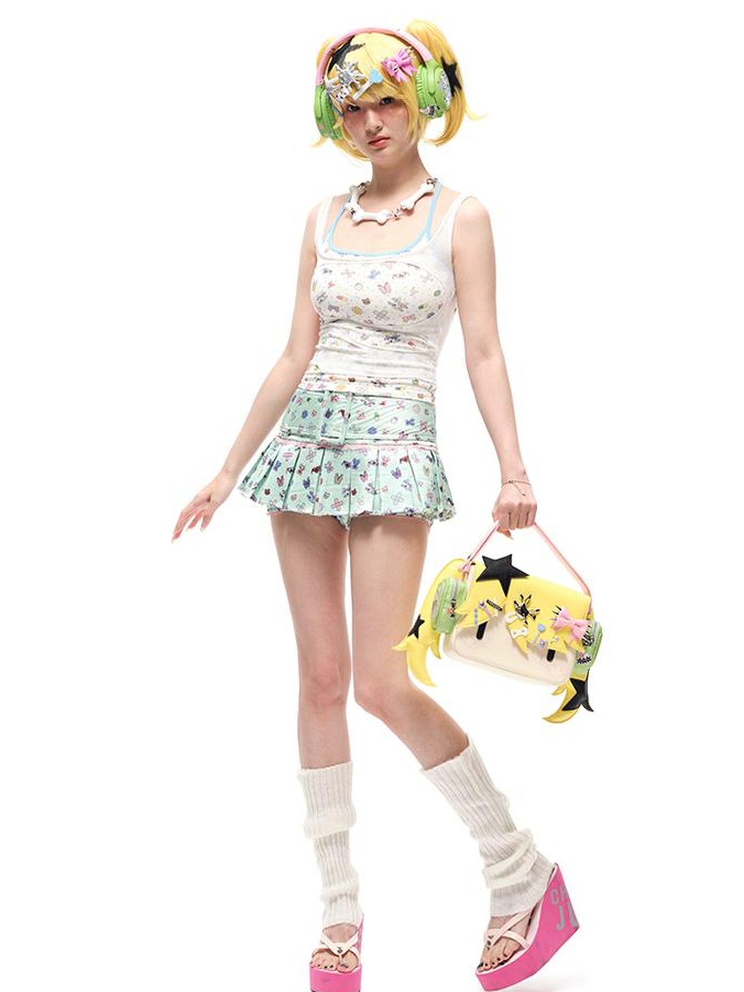 CFIERCE Sticker Print Pleated Skirt