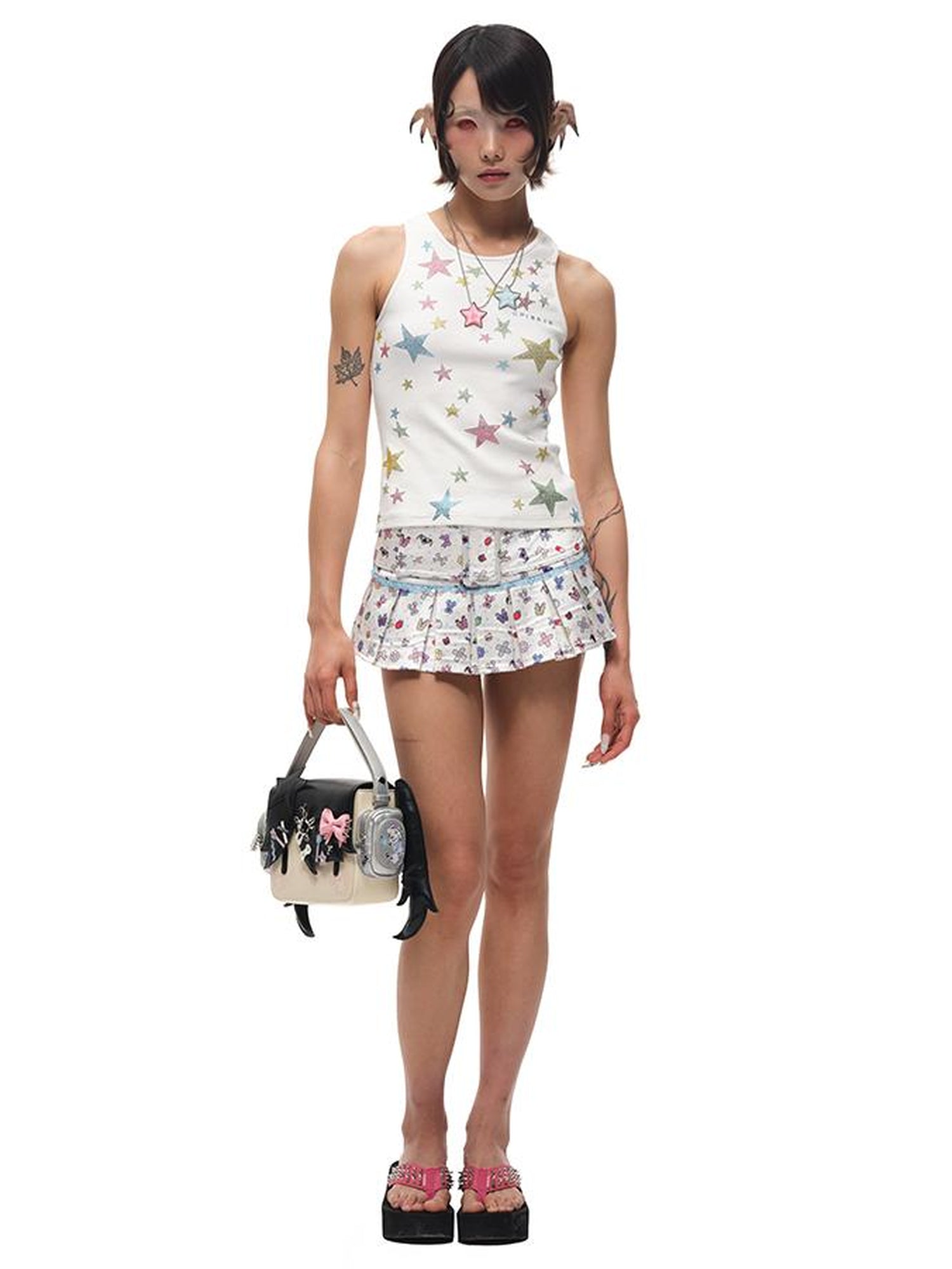 CFIERCE Sticker Print Pleated Skirt