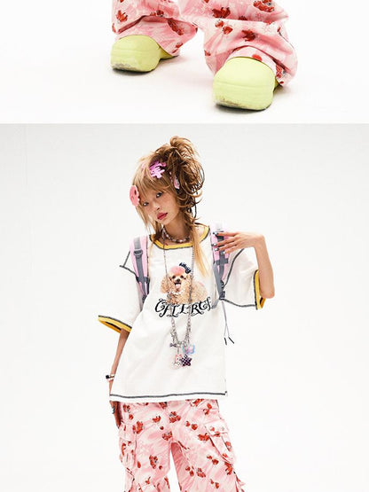 CFIERCE Strawberry Print Flared Denim Trousers