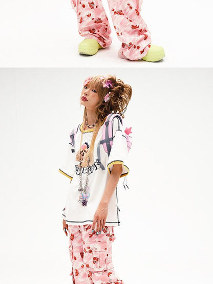 CFIERCE Strawberry Print Flared Denim Trousers