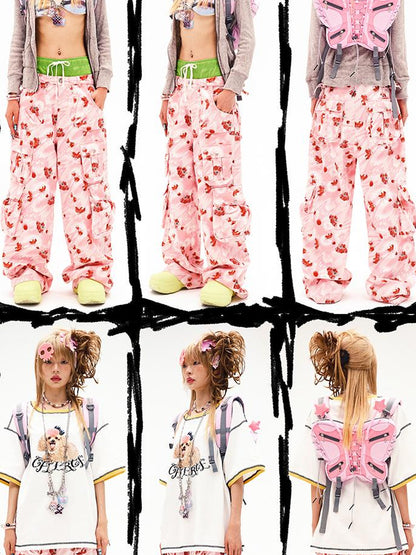 CFIERCE Strawberry Print Flared Denim Trousers