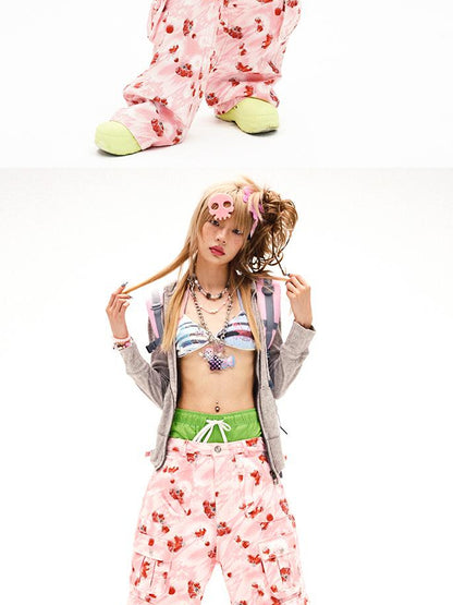 CFIERCE Strawberry Print Flared Denim Trousers