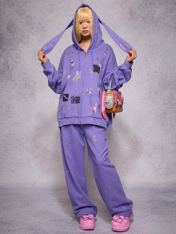 Streetwear Asymmetric Rhinestone Cartoon Print Women's Cotton Sweatpants