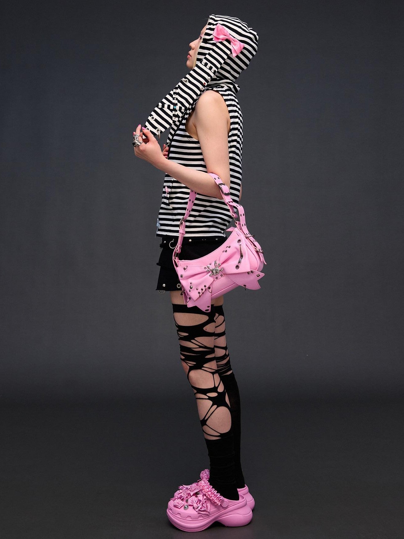 CFIERCE Striped Rhinestone Bow Rabbit Ear Zipper Women&
