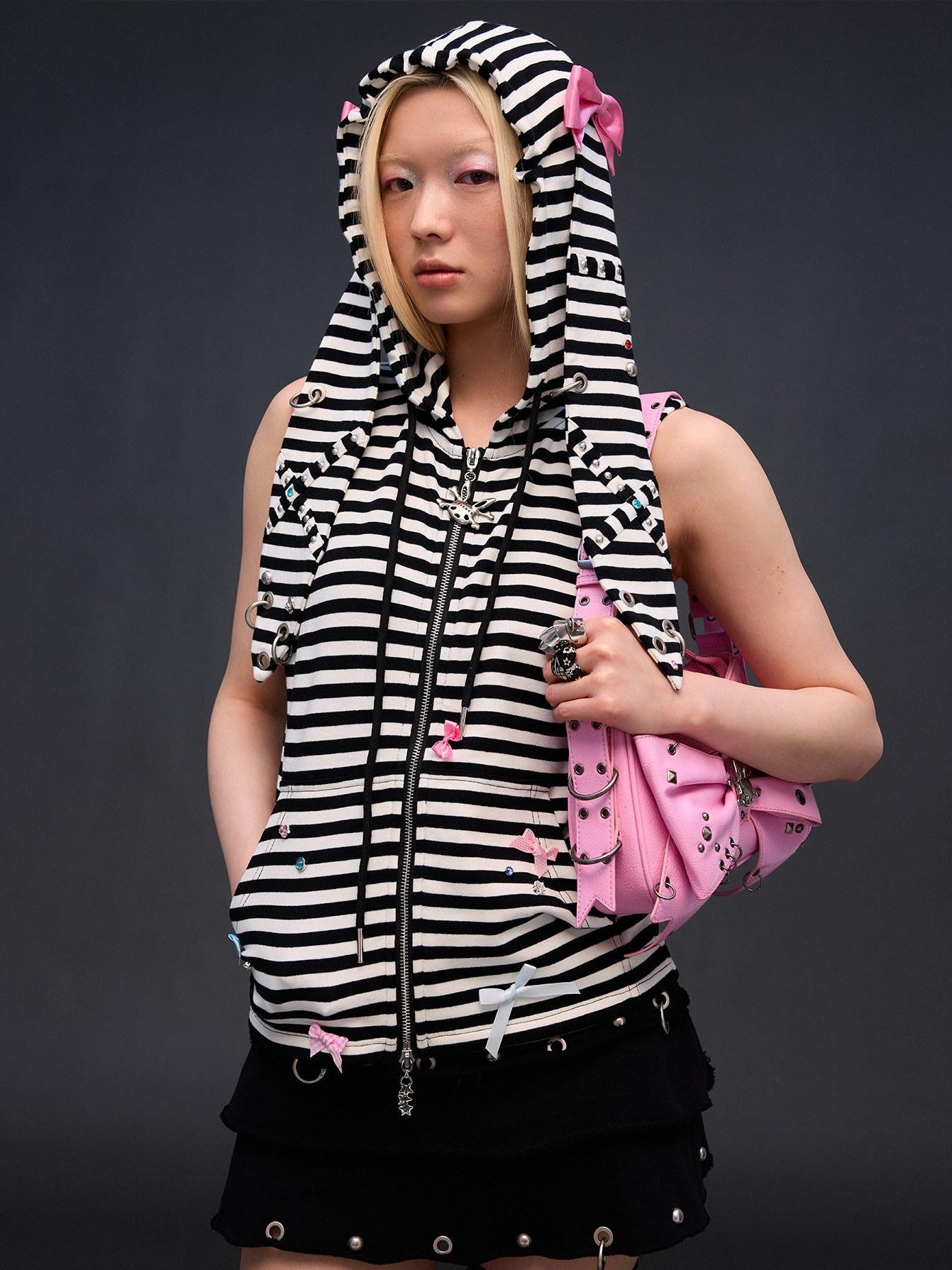 CFIERCE Striped Rhinestone Bow Rabbit Ear Zipper Women&