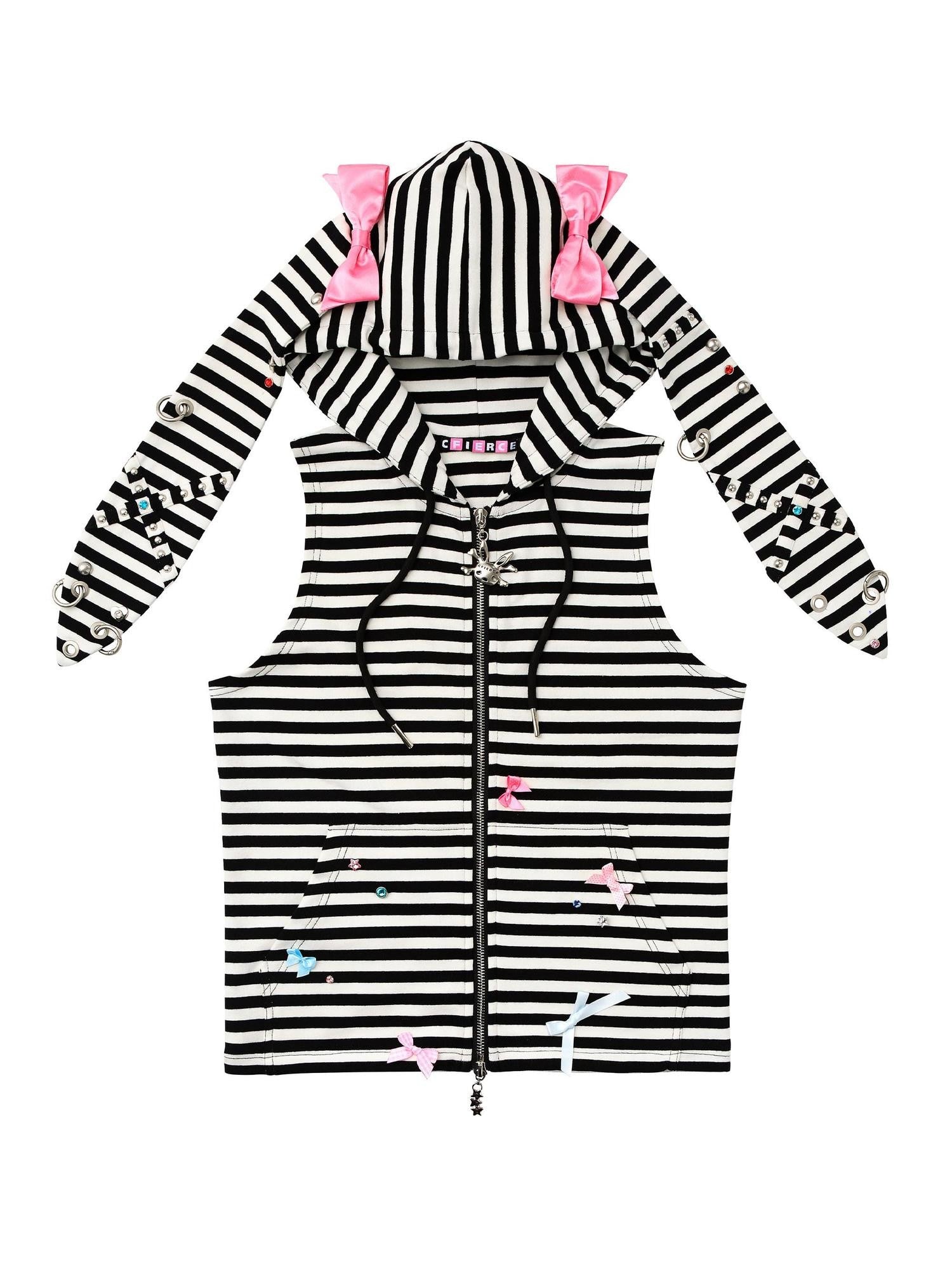 CFIERCE Striped Rhinestone Bow Rabbit Ear Zipper Women&