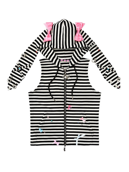 CFIERCE Striped Rhinestone Bow Rabbit Ear Zipper Women&