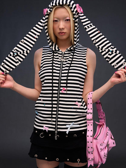 CFIERCE Striped Rhinestone Bow Rabbit Ear Zipper Women&
