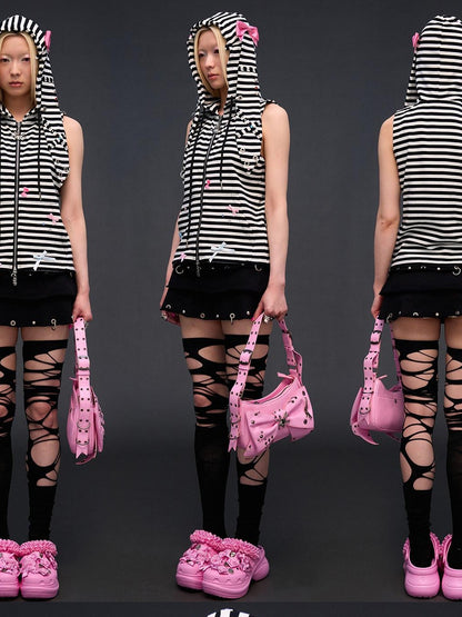 CFIERCE Striped Rhinestone Bow Rabbit Ear Zipper Women&