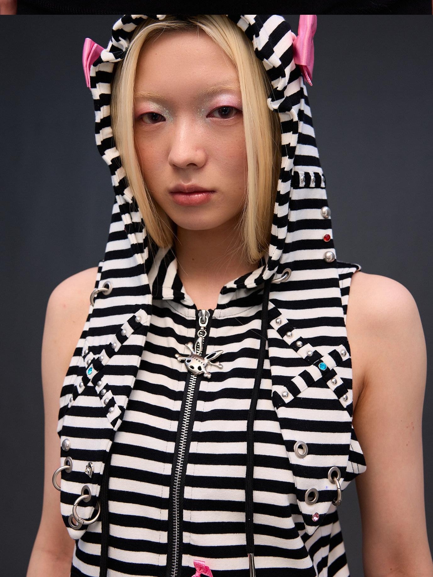 CFIERCE Striped Rhinestone Bow Rabbit Ear Zipper Women&