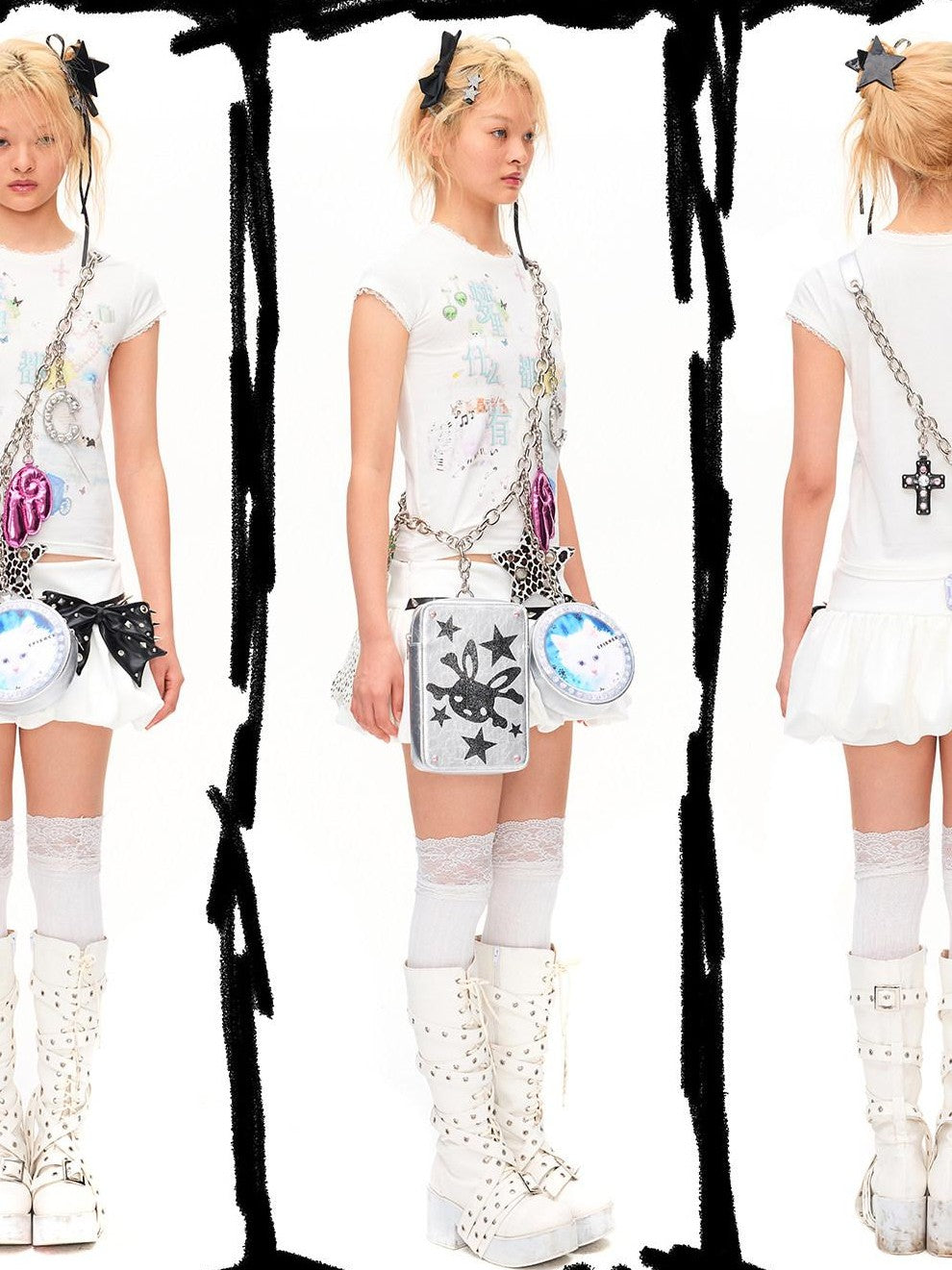 CFIERCE Studded Bow Puff 3D Embellished High Waist Women&
