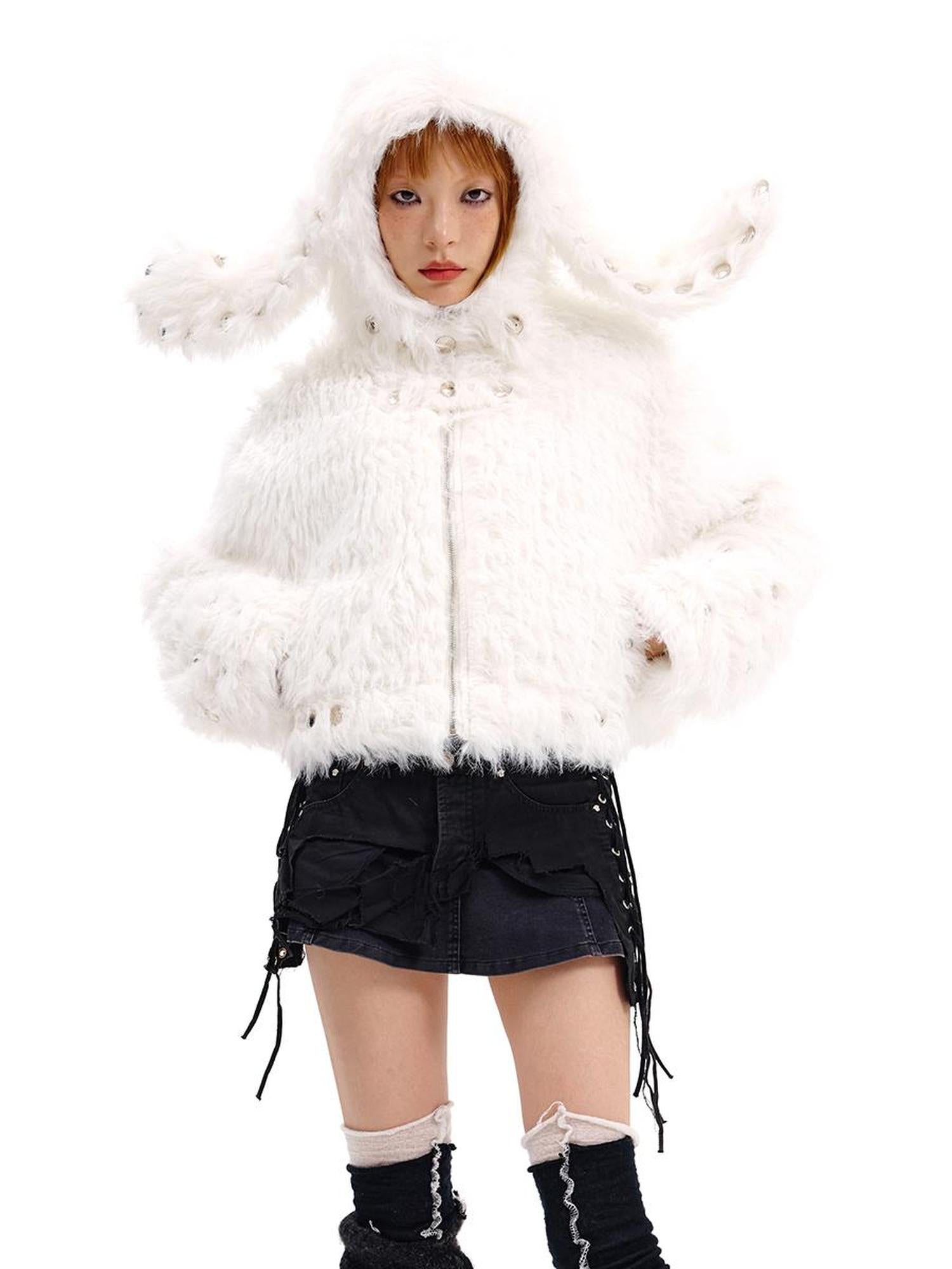 CFIERCE Studded Rabbit Ear Jacket V Neck T Shirt Long Sleeve
