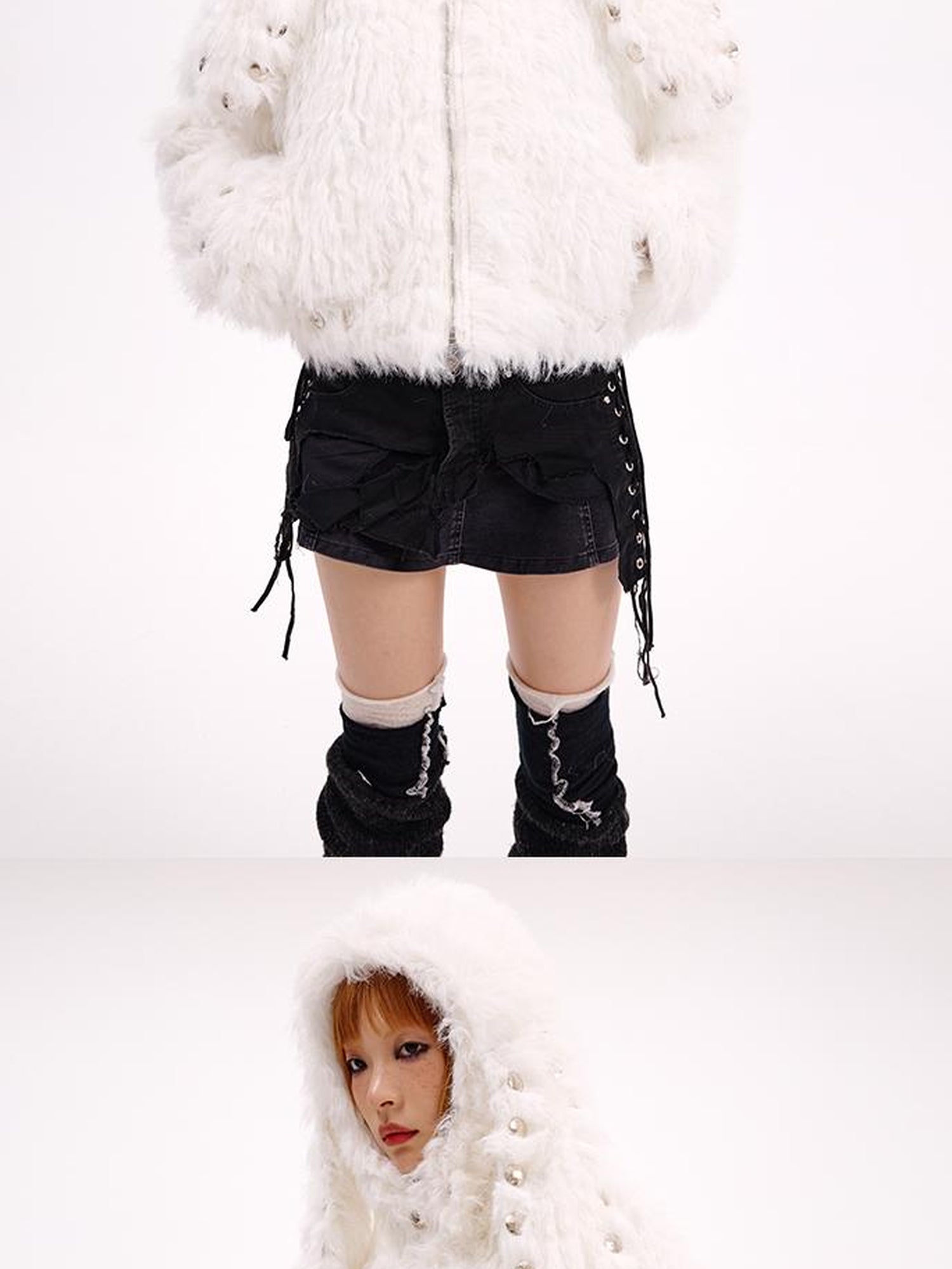 CFIERCE Studded Rabbit Ear Jacket V Neck T Shirt Long Sleeve