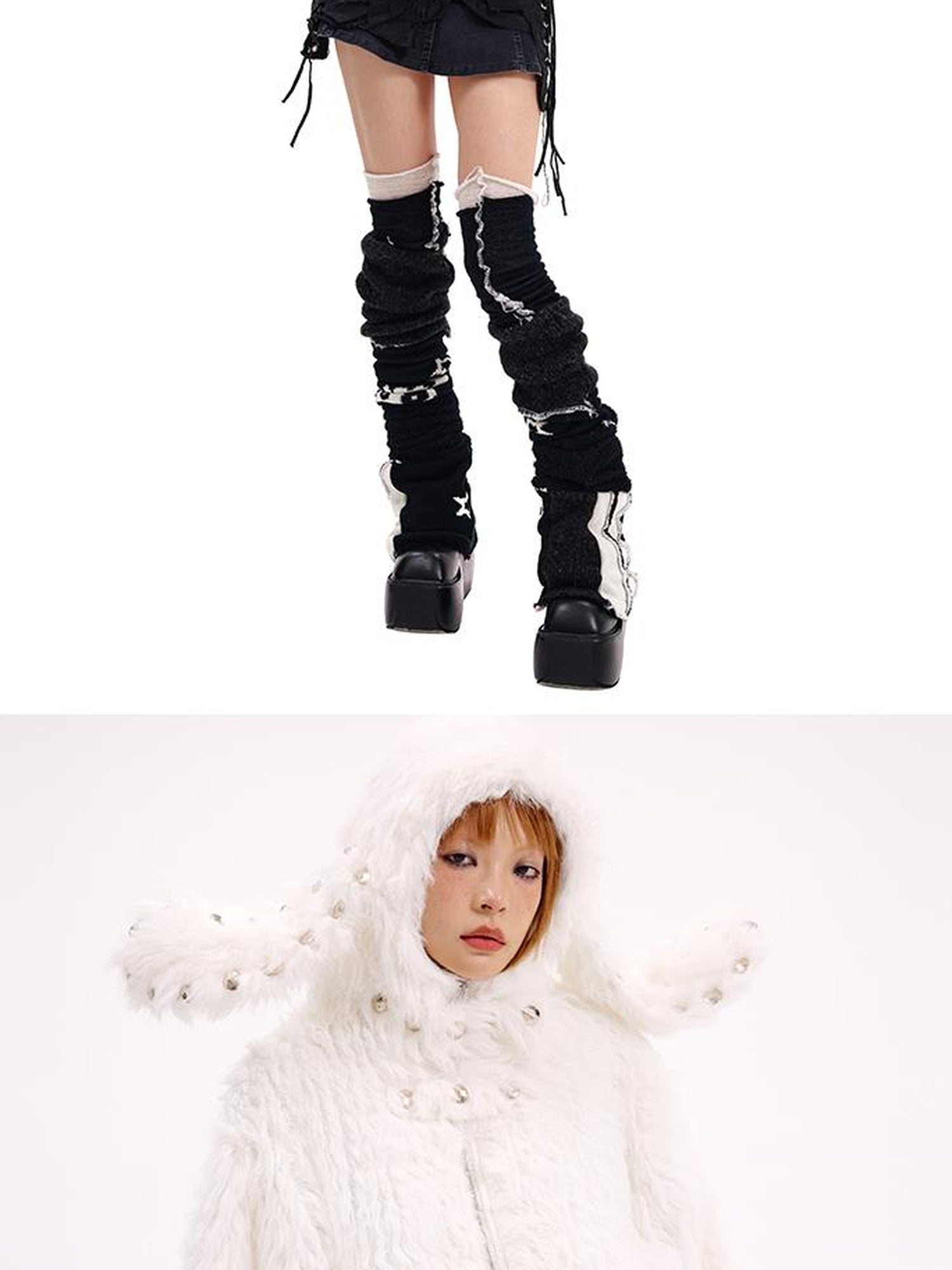 CFIERCE Studded Rabbit Ear Jacket V Neck T Shirt Long Sleeve