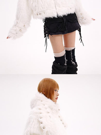 CFIERCE Studded Rabbit Ear Jacket V Neck T Shirt Long Sleeve