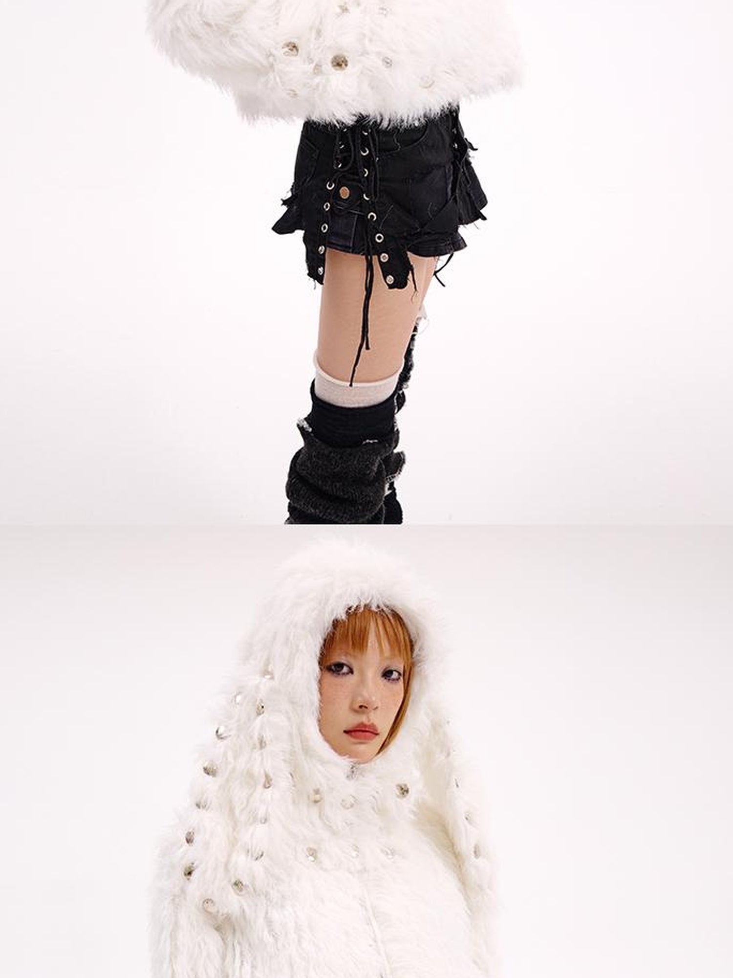 CFIERCE Studded Rabbit Ear Jacket V Neck T Shirt Long Sleeve
