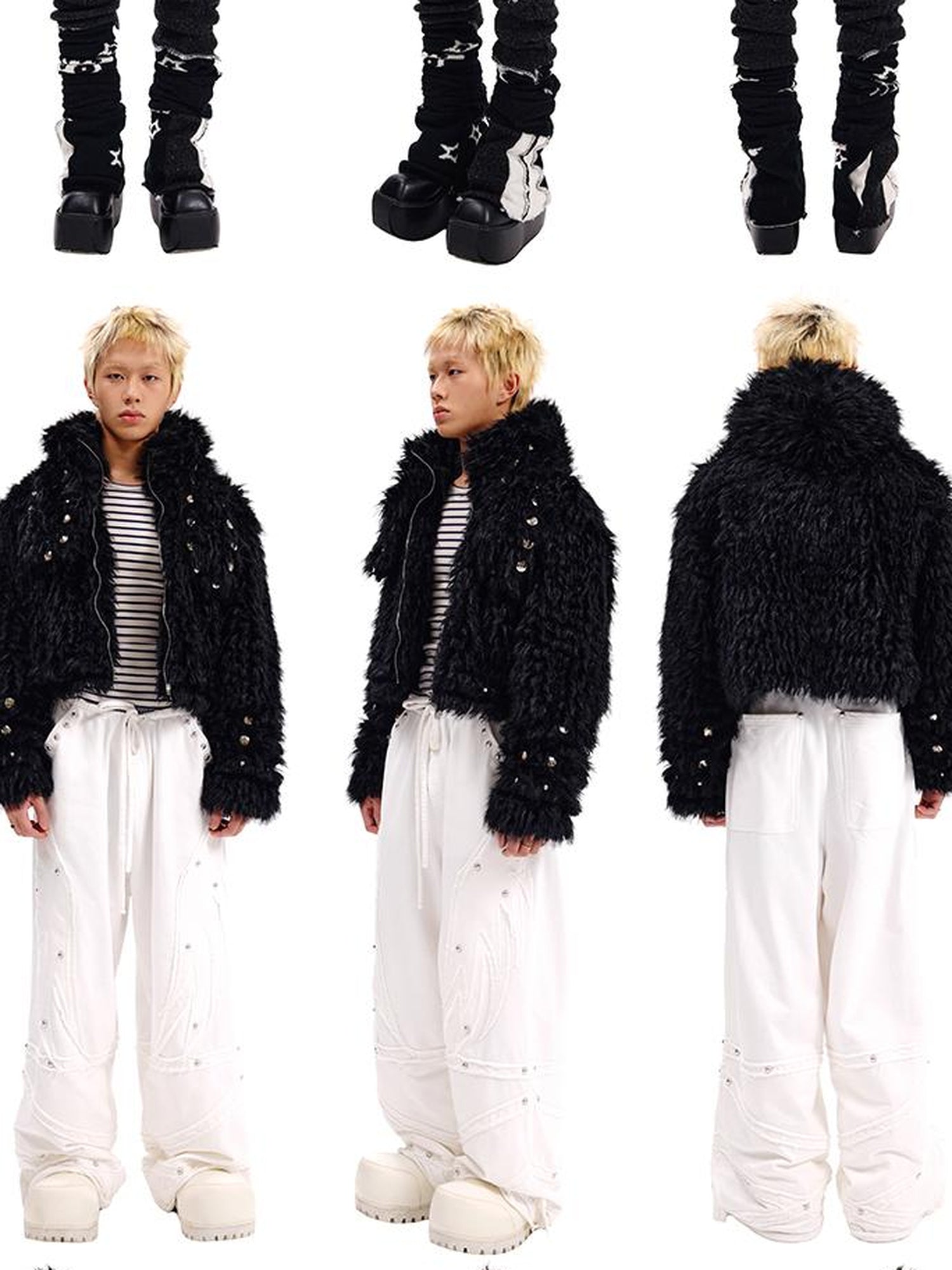 CFIERCE Studded Rabbit Ear Jacket V Neck T Shirt Long Sleeve