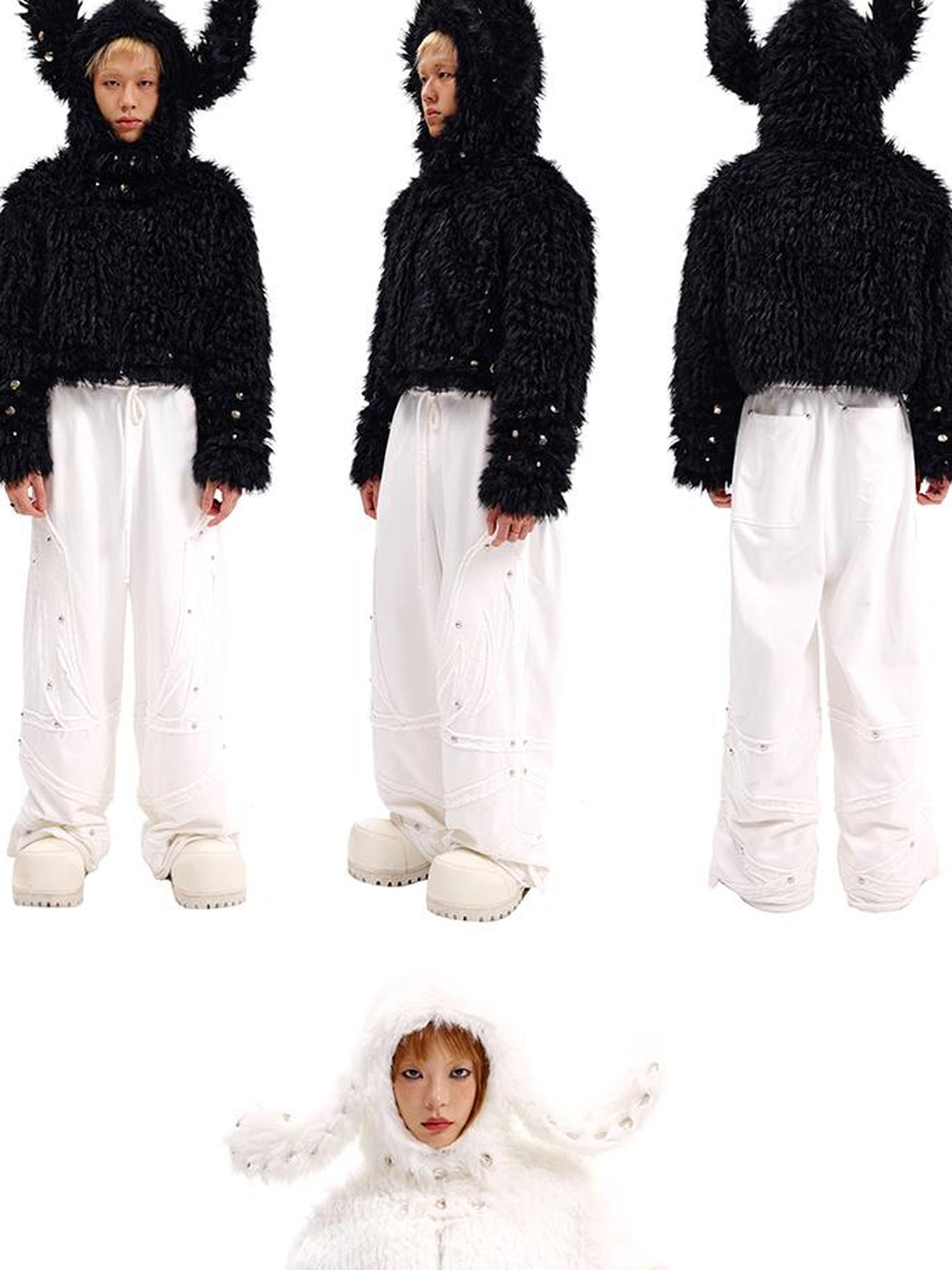 CFIERCE Studded Rabbit Ear Jacket V Neck T Shirt Long Sleeve